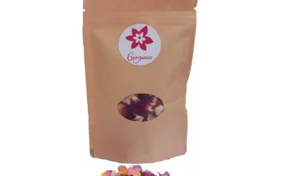 flores-comestibles-georganica-Pétalos de rosa deshidratada empaque cafe